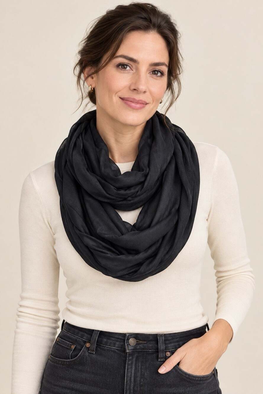 Black Infinity Scarf Oversized Lightweight Loop Neck Wrap One Size Minimalist